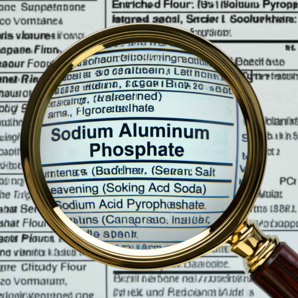 food label under magnifying glass showing sodium aluminum phosphate