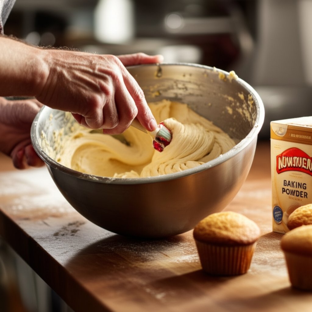 mixing batter with baking powder for fluffy muffins in a commercial kitchen