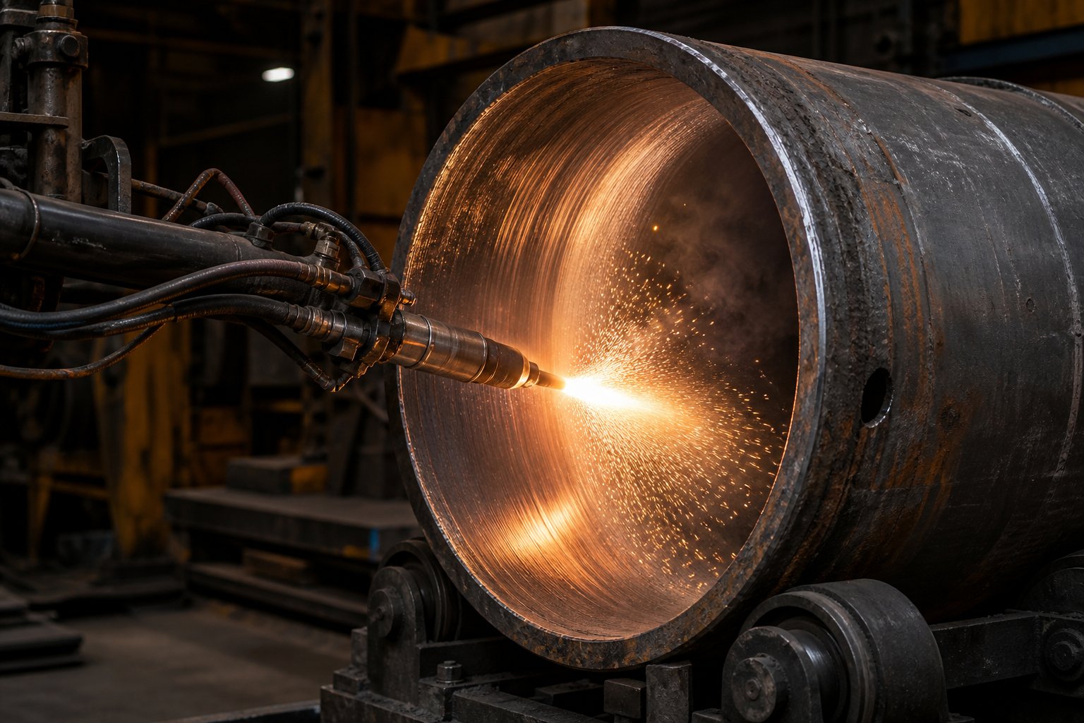 alloy spray welding process restoring a worn barrel bore with fresh wear resistant material