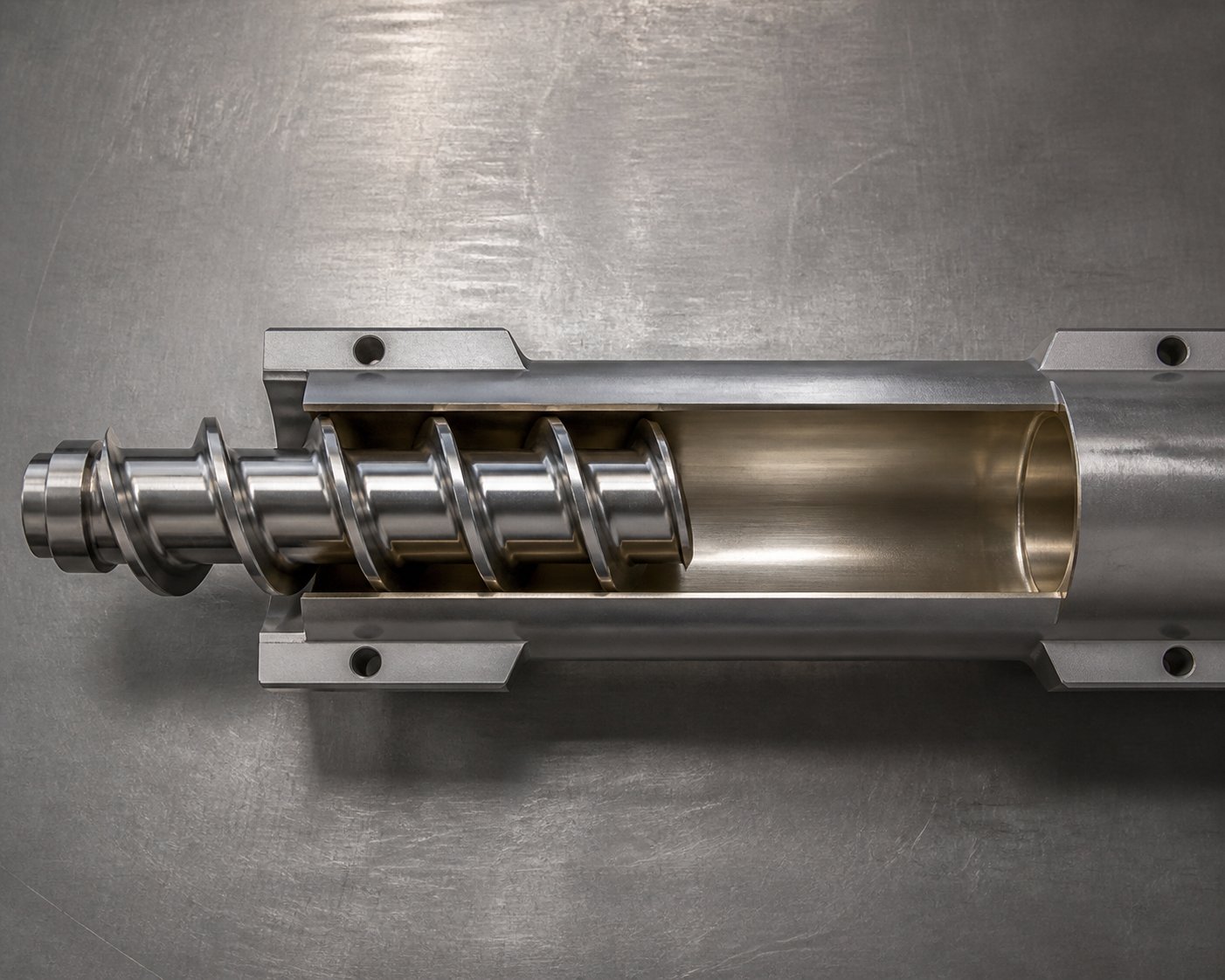 bimetallic screw and barrel shown as a matched pair highlighting the critical clearance between screw flights and alloy liner