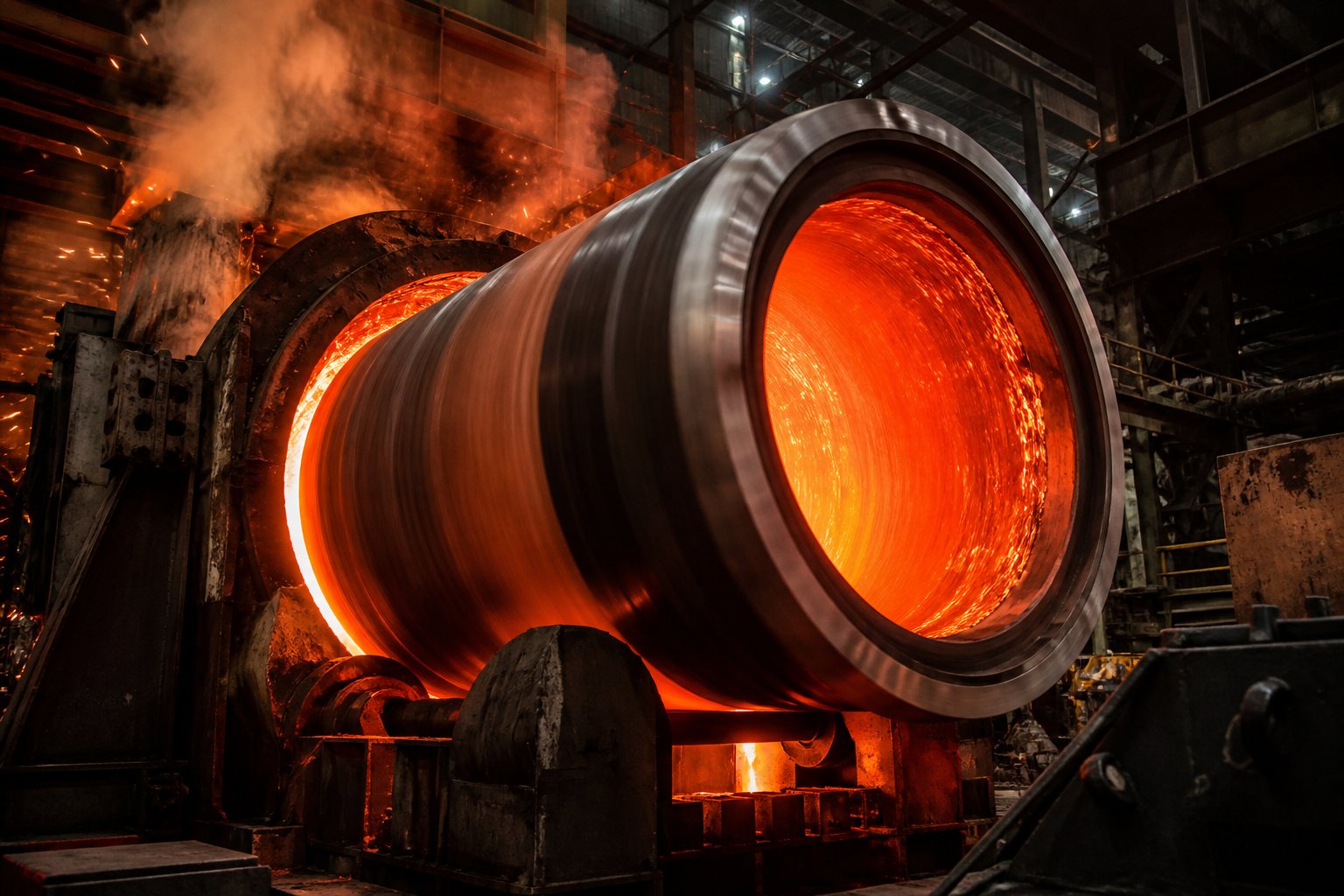 centrifugal casting process spinning molten alloy inside a steel barrel to form a uniform wear resistant liner