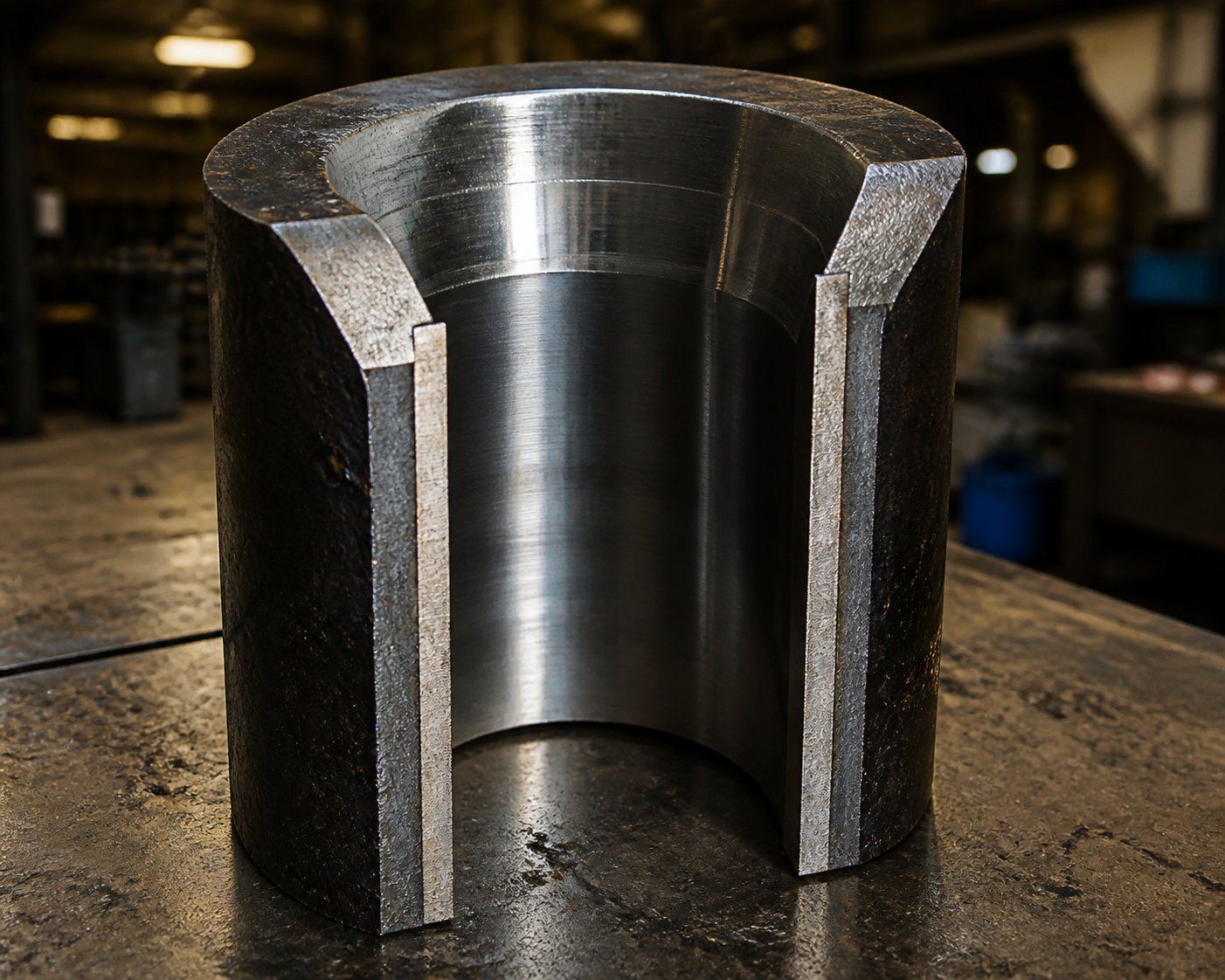 cross section of a bimetallic barrel showing the steel outer shell and centrifugally cast alloy inner liner