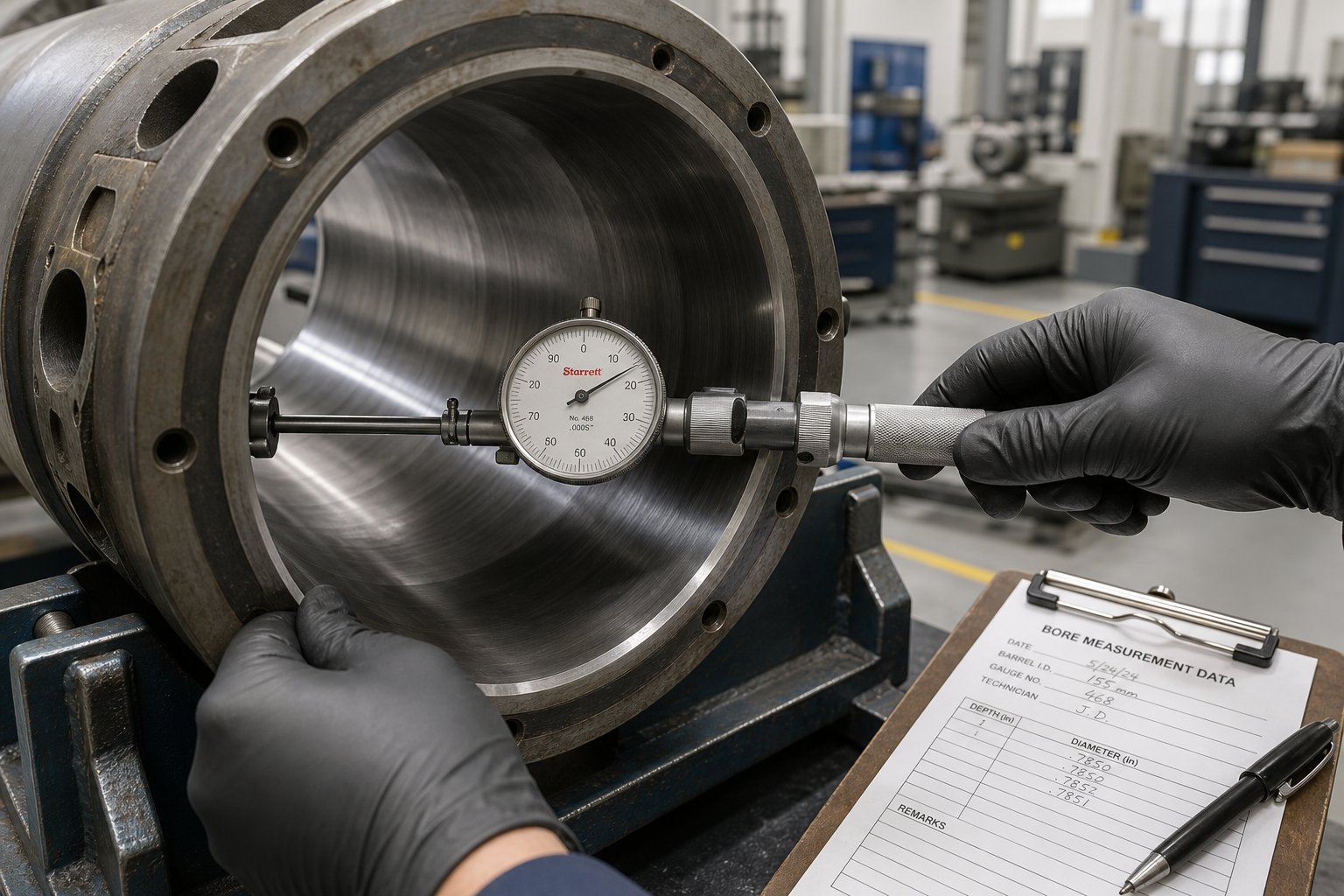 technician measuring bore diameter with a precision gauge during a routine bimetallic barrel inspection