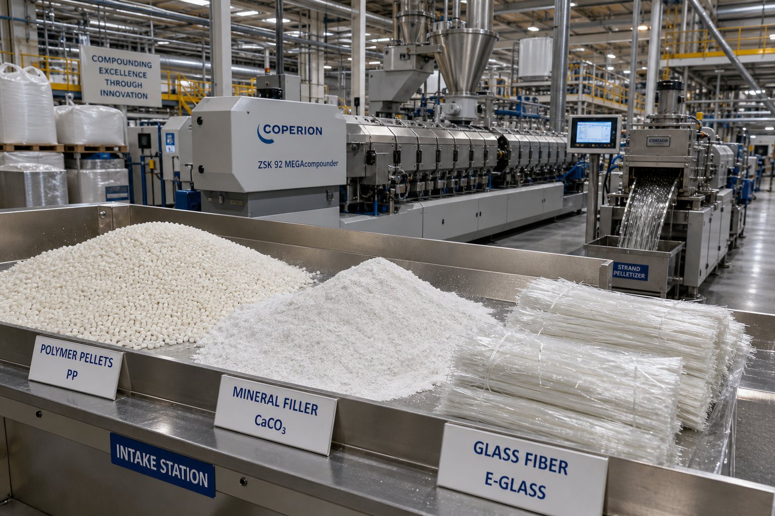 a plastics compounding facility processing diverse materials through a twin screw extrusion line