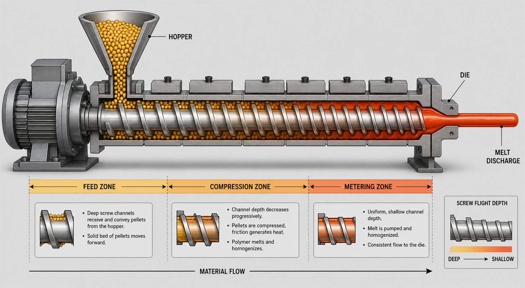 cutaway view of a single screw extruder showing the feed compression and metering zones