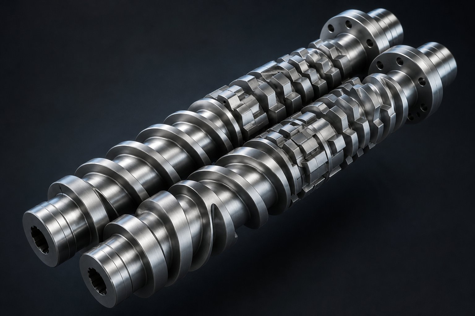 intermeshing modular screw elements of a co rotating twin screw extruder highlighting kneading and conveying sections