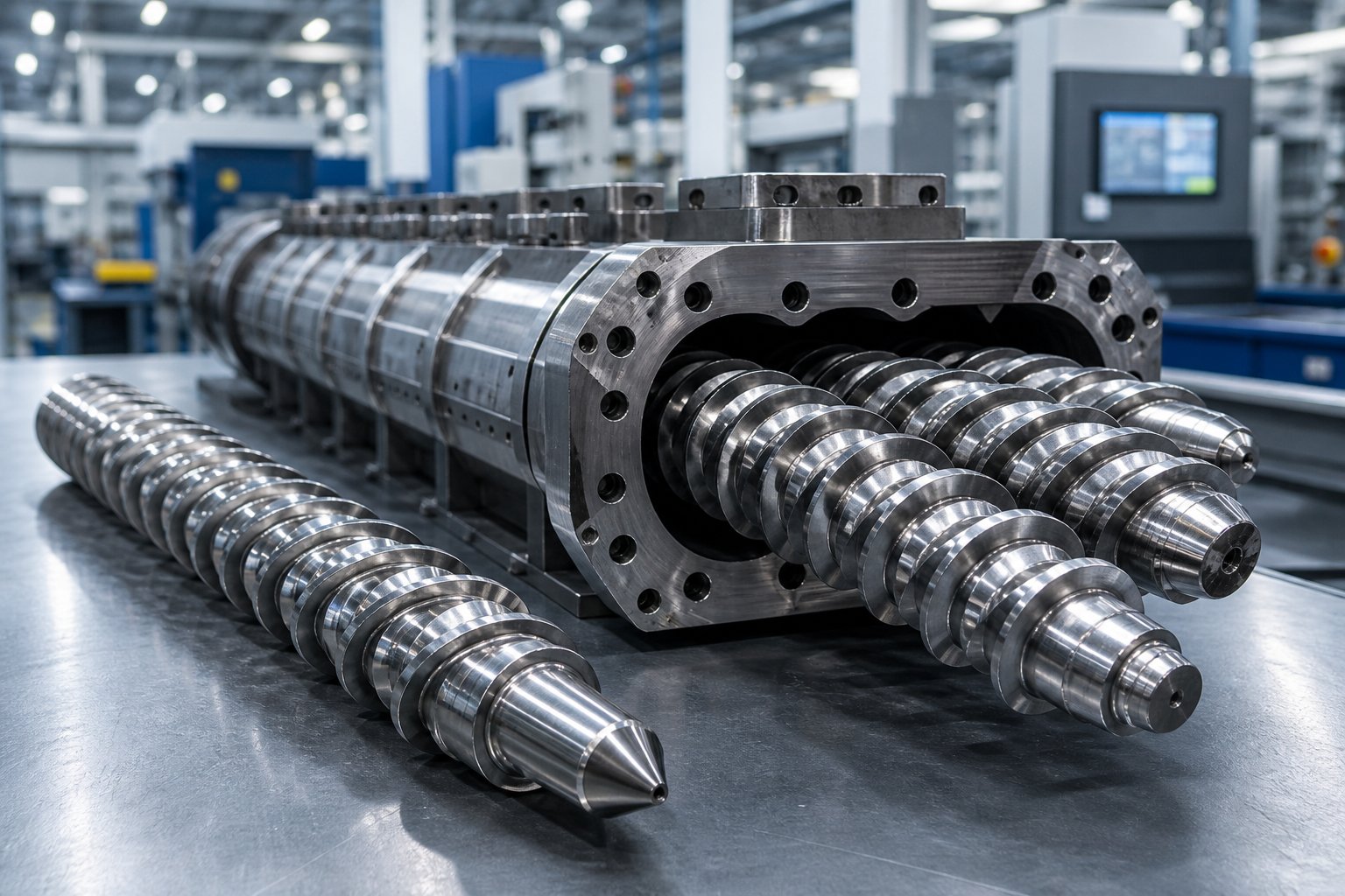 single screw and twin screw extruder barrels compared side by side in a plastics manufacturing setting