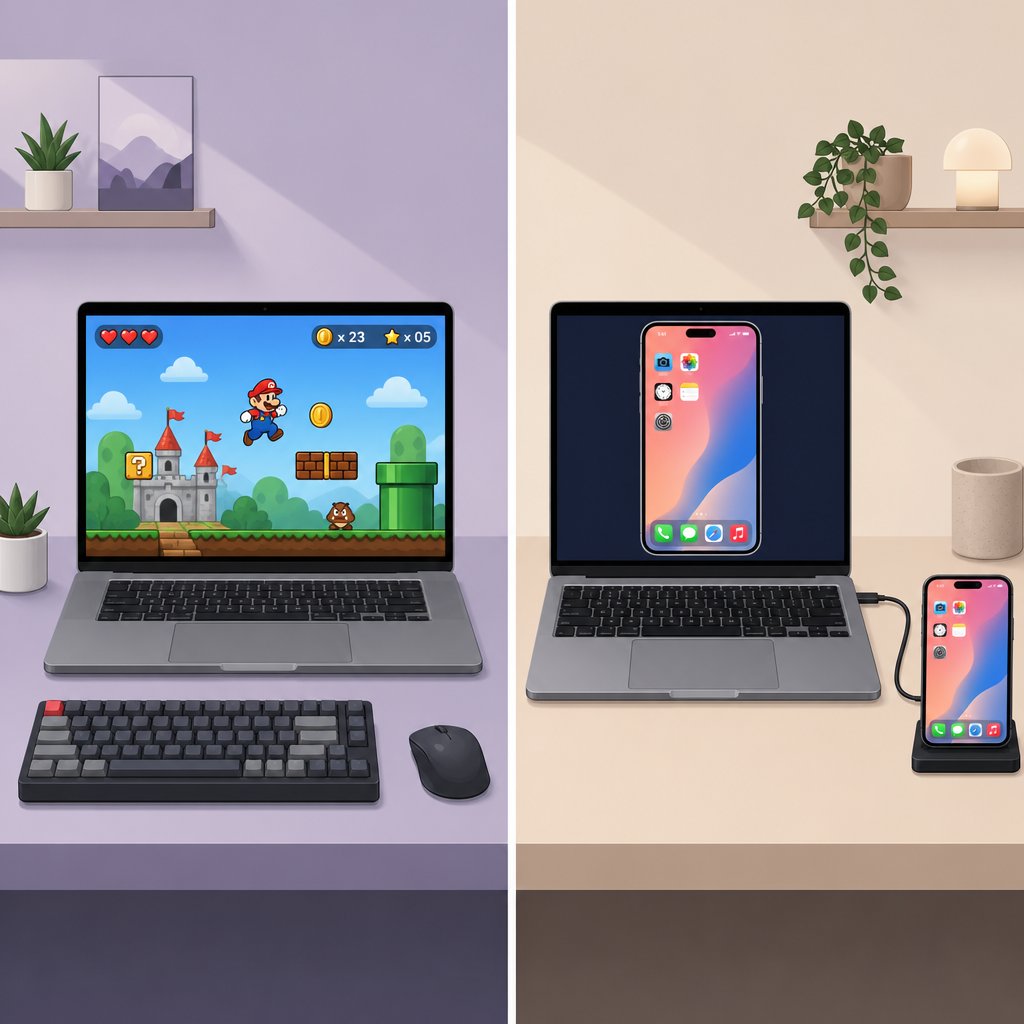comparing emulator and screen mirroring methods for playing mobile games on a macbook