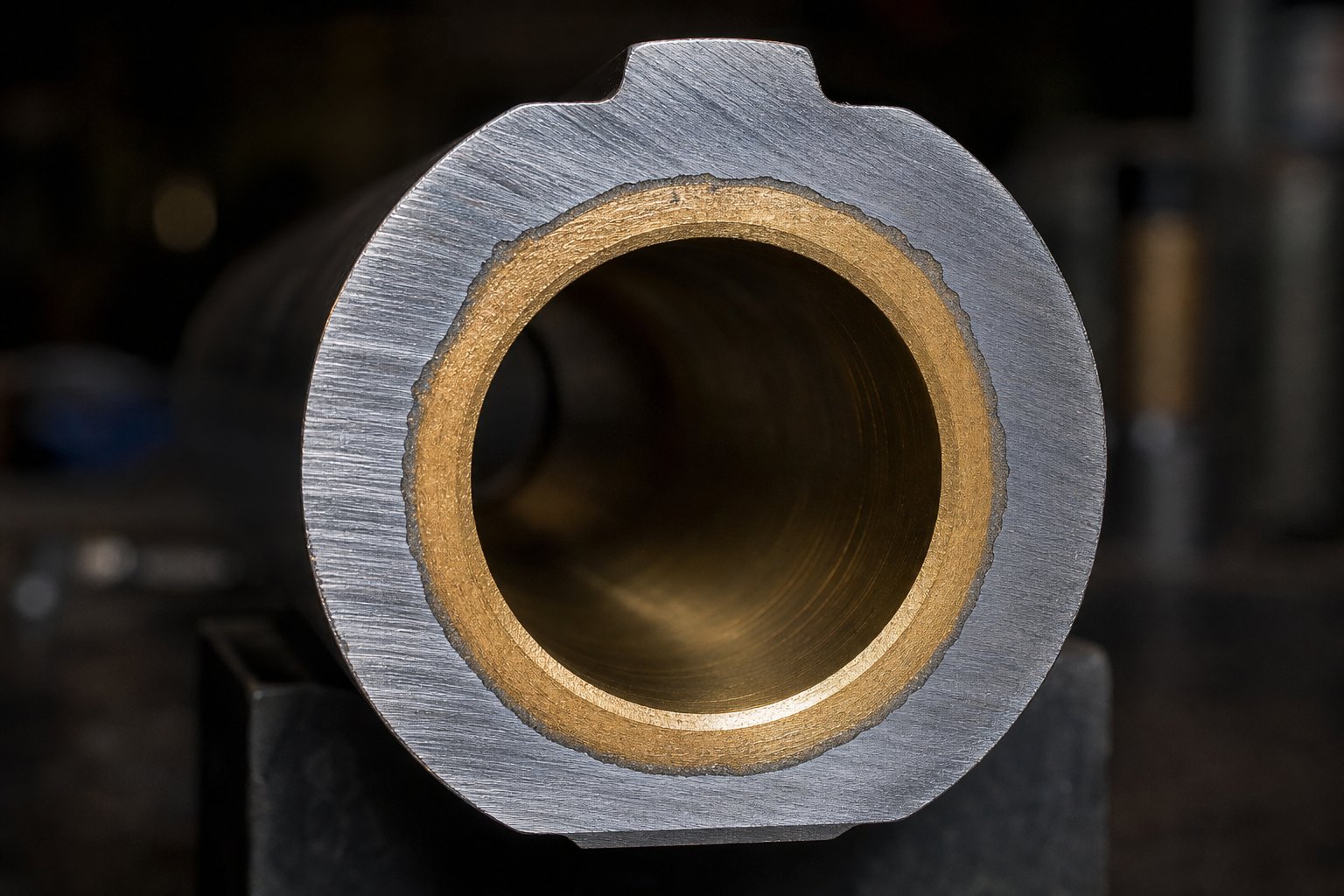 cross section of a bimetallic barrel revealing the wear resistant alloy lining bonded to the steel outer shell