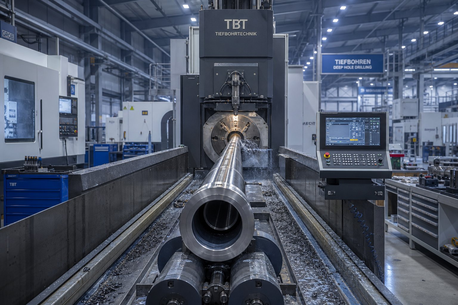 deep hole boring machine creating a precision barrel bore on the factory floor