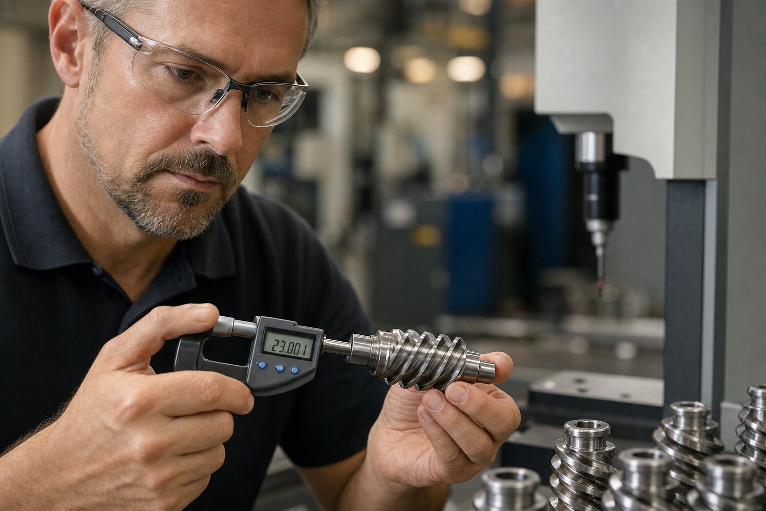 quality inspection of a finished extruder screw using precision measurement tools before shipment