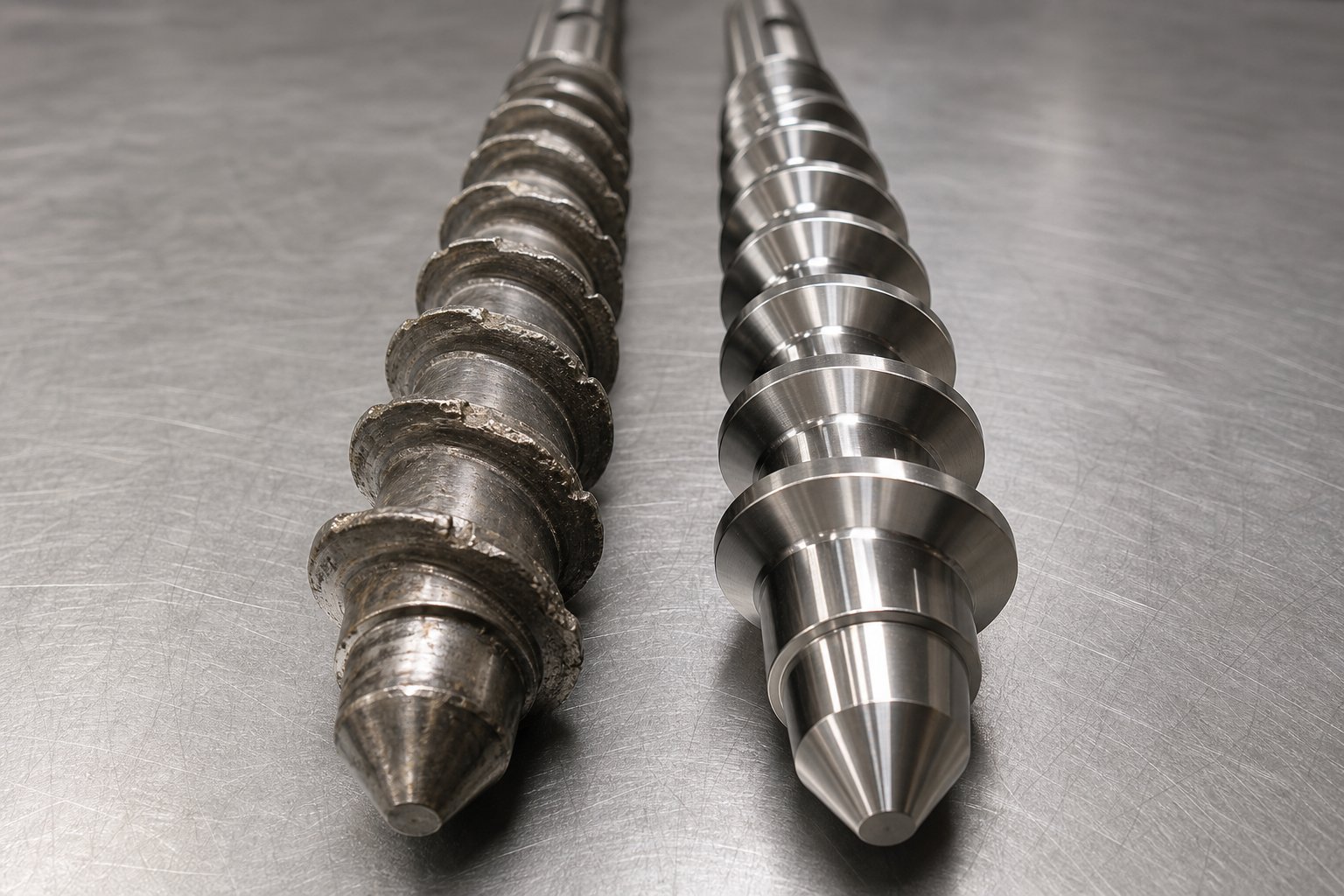 worn extruder screw showing flight tip erosion compared to a newly manufactured replacement screw