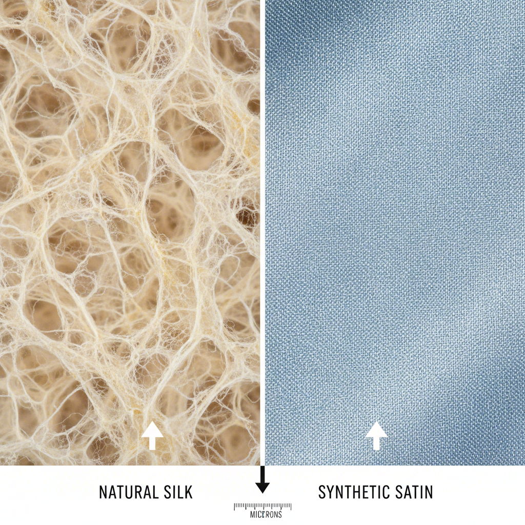 a visual comparison of the fiber structure of natural silk versus synthetic satin