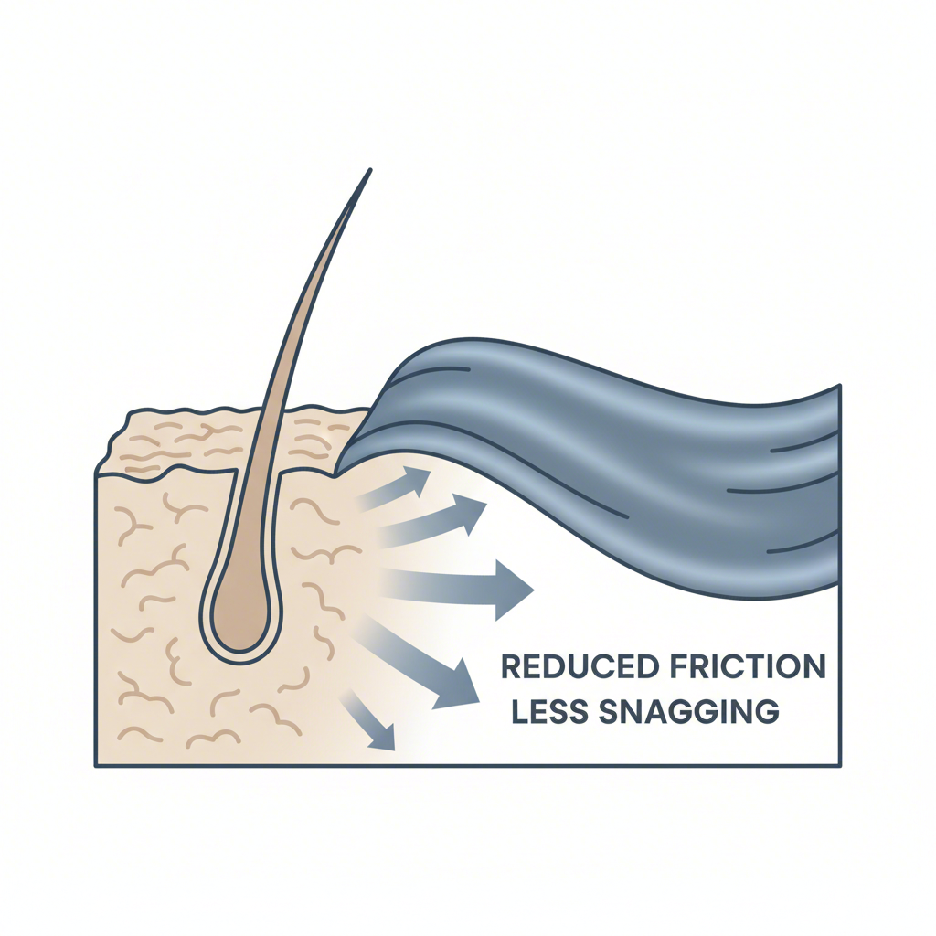 diagram illustrating how a satin masks smooth surface reduces friction on skin and hair