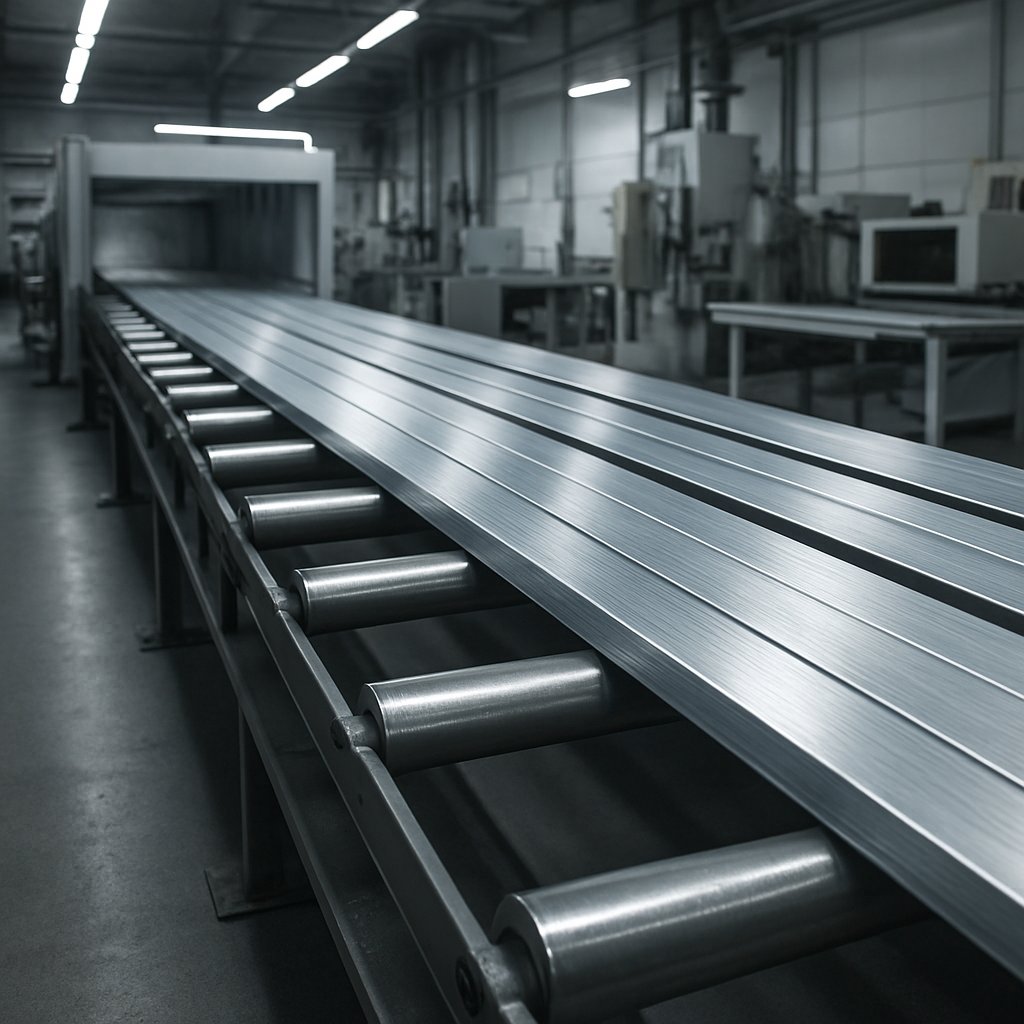 extruded profiles moving through cooling and finishing