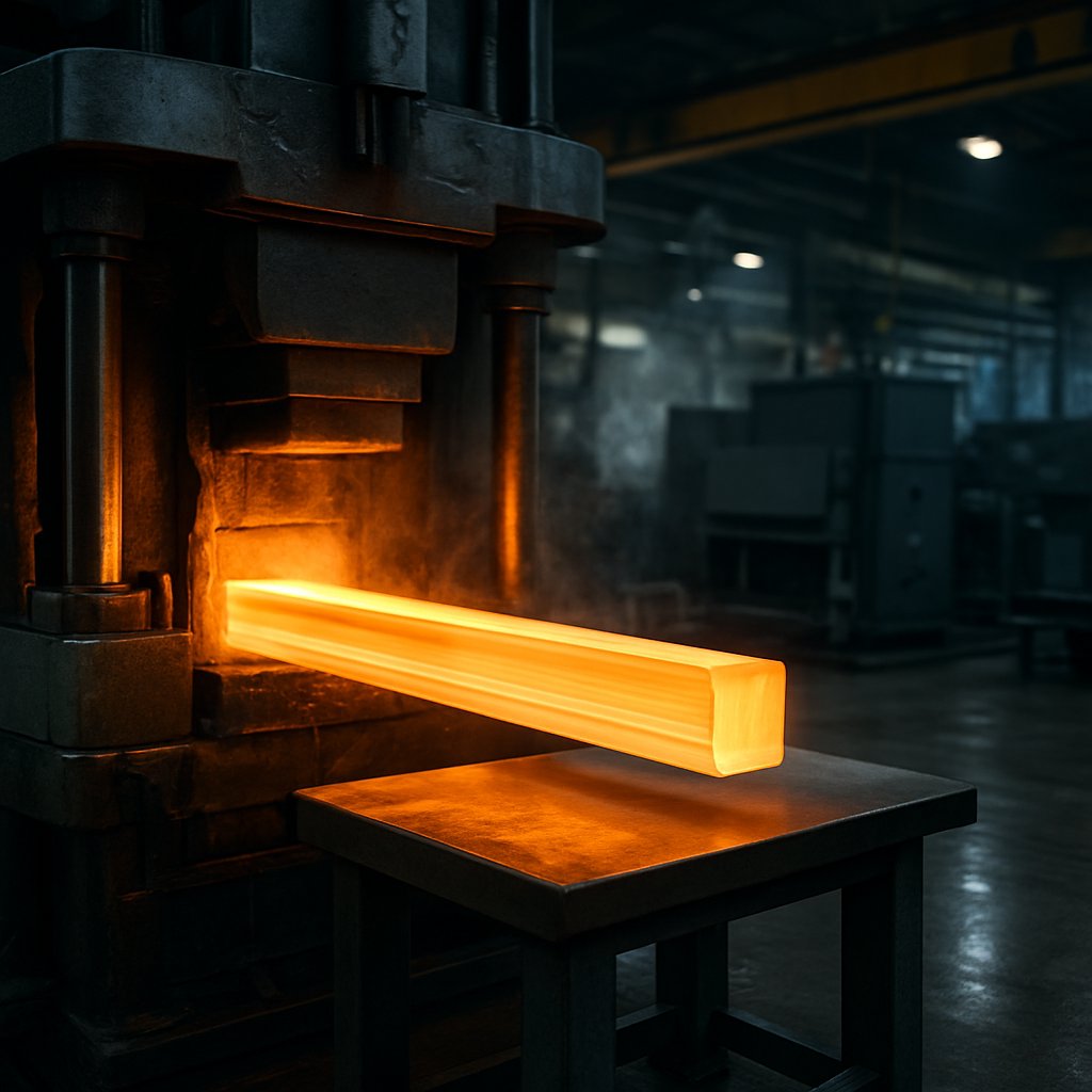 heated aluminum profile emerging from an extrusion press