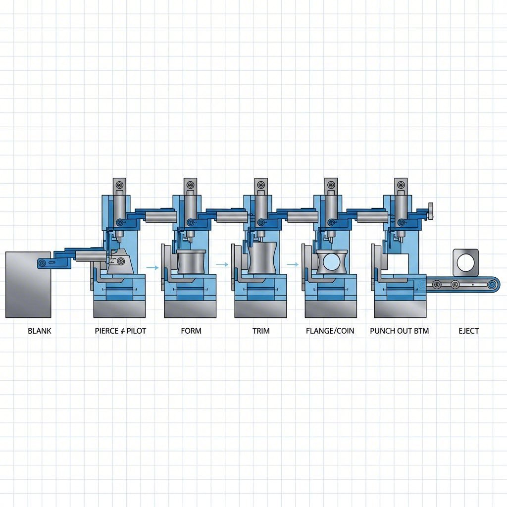 sequential transfer die stations showing mechanical finger system moving blanks through forming operations