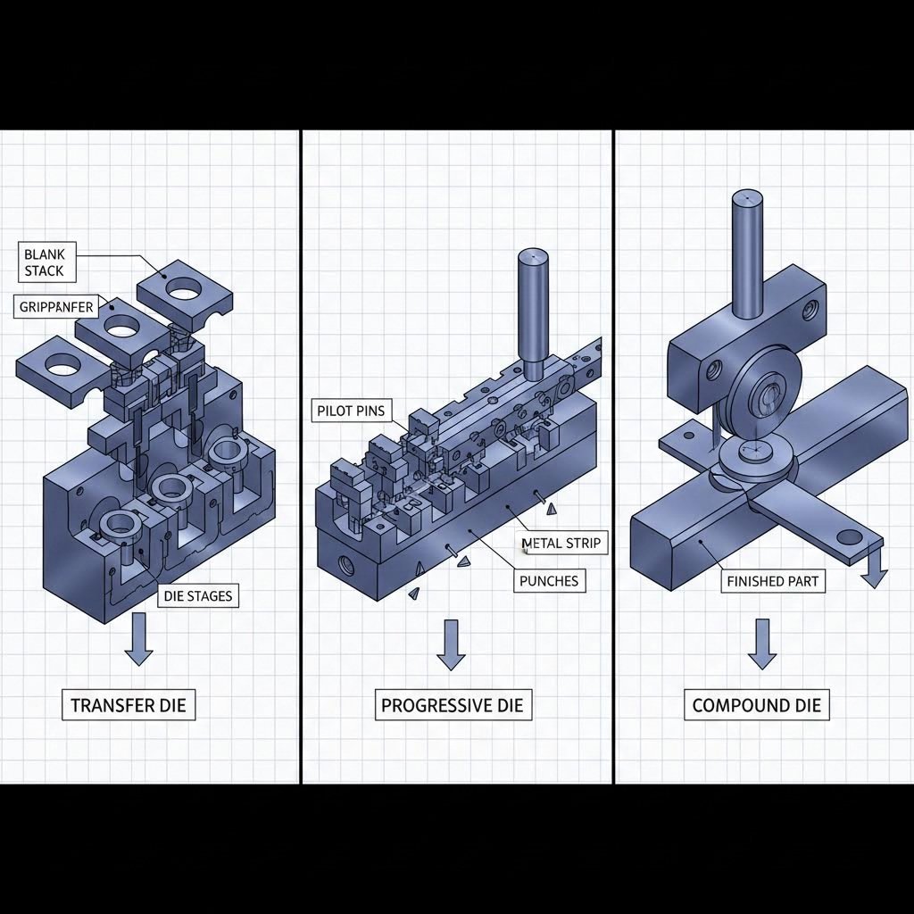 visual comparison of transfer die progressive die and compound die stamping configurations