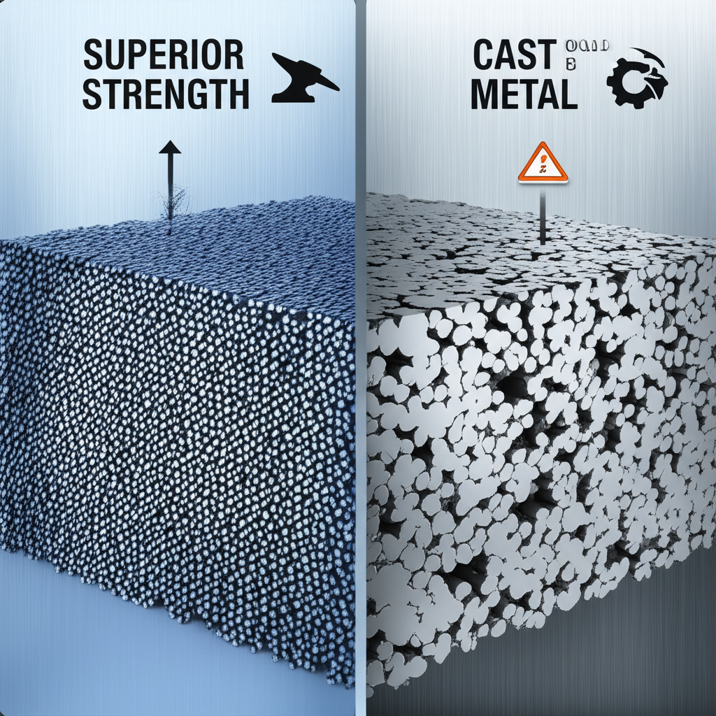diagram comparing the dense grain structure of forged metal to the porous structure of cast metal
