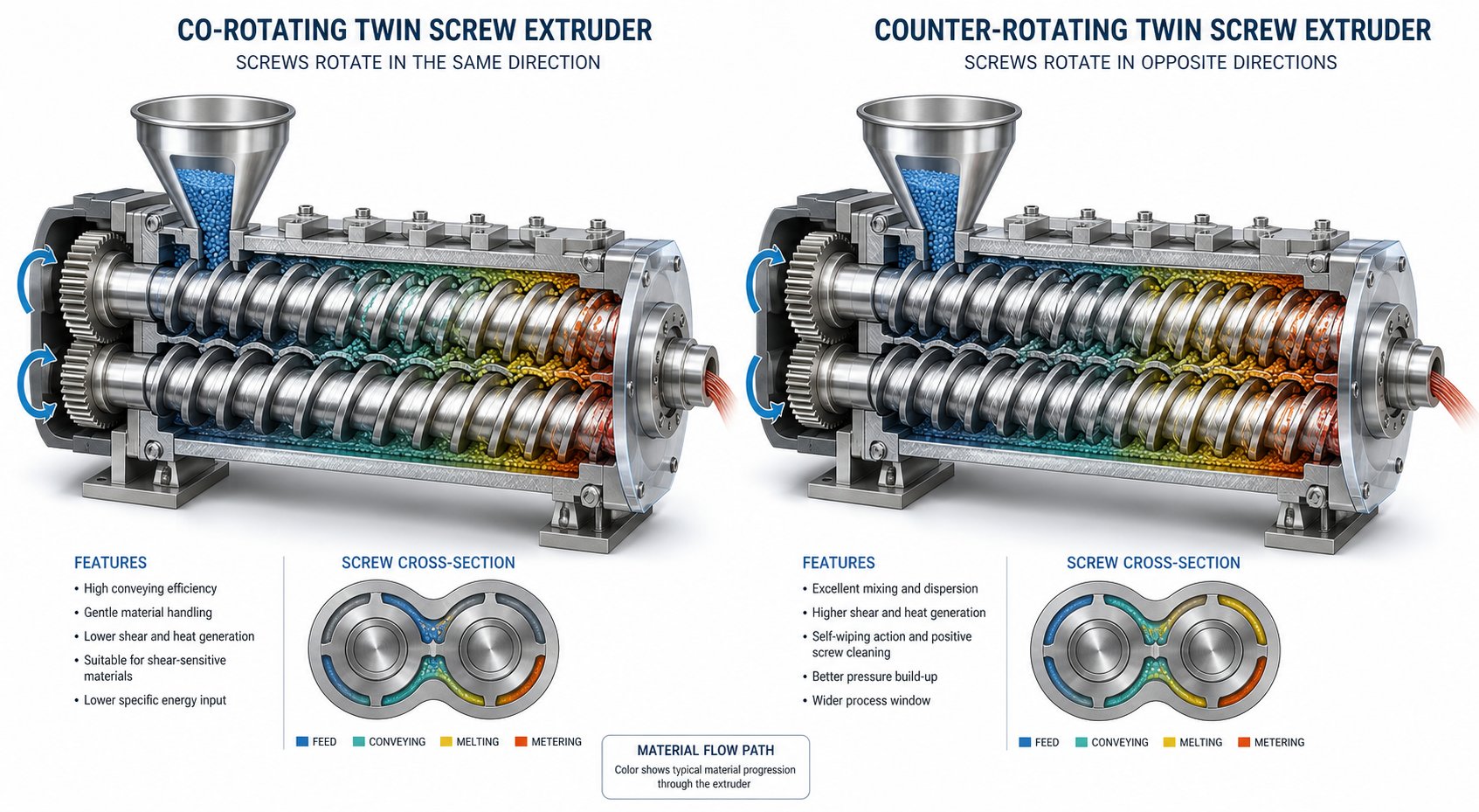 co rotating vs counter rotating twin screw configurations showing different rotation directions and intermeshing geometry