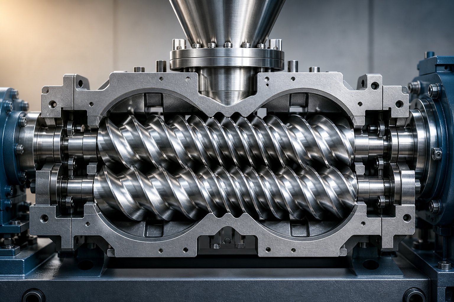 cross section view of twin screw extruder showing intermeshing screws inside a figure eight barrel bore