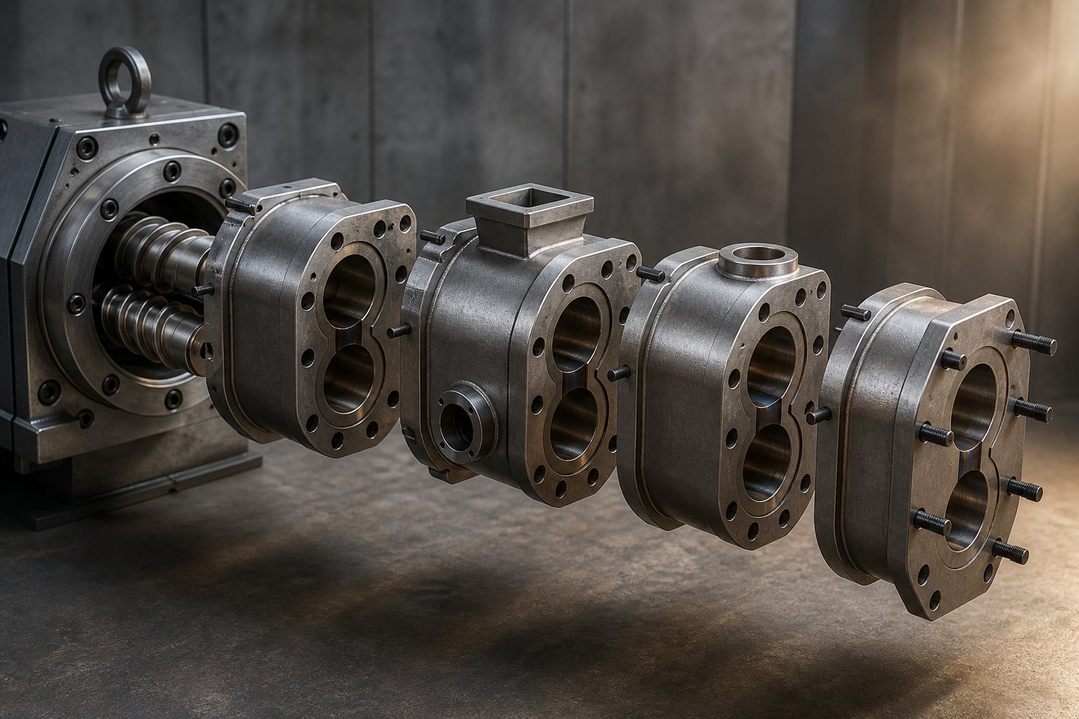 modular barrel segments of a twin screw extruder showing functional ports for venting and side feeding