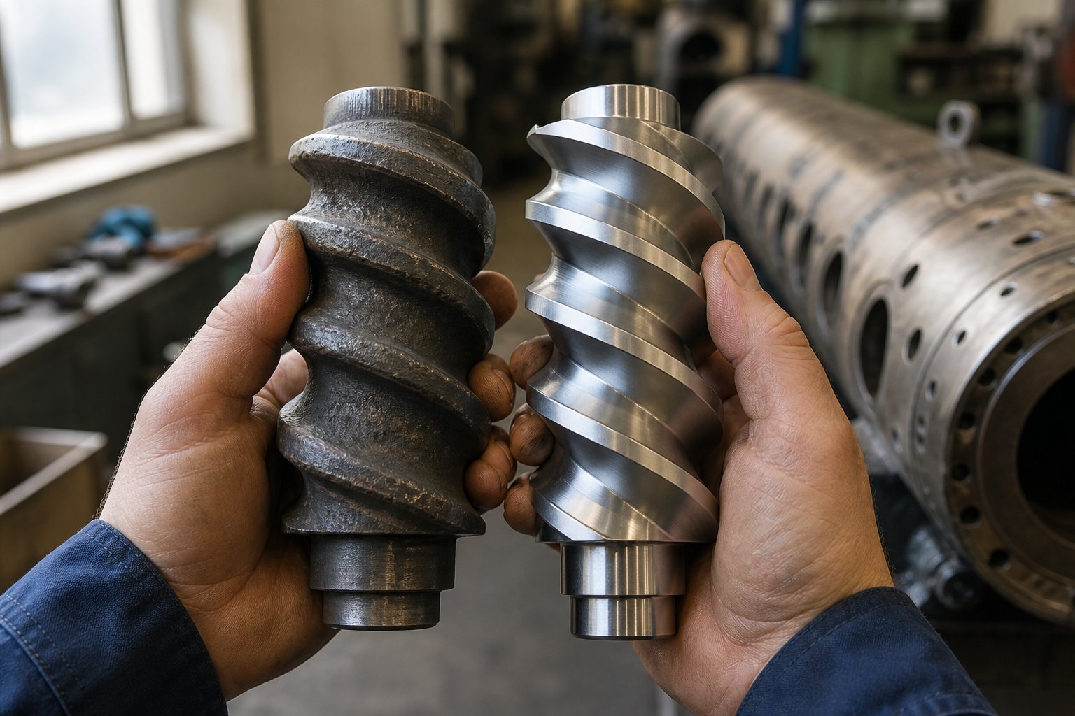 worn vs new twin screw element comparison highlighting the impact of wear on extruder performance