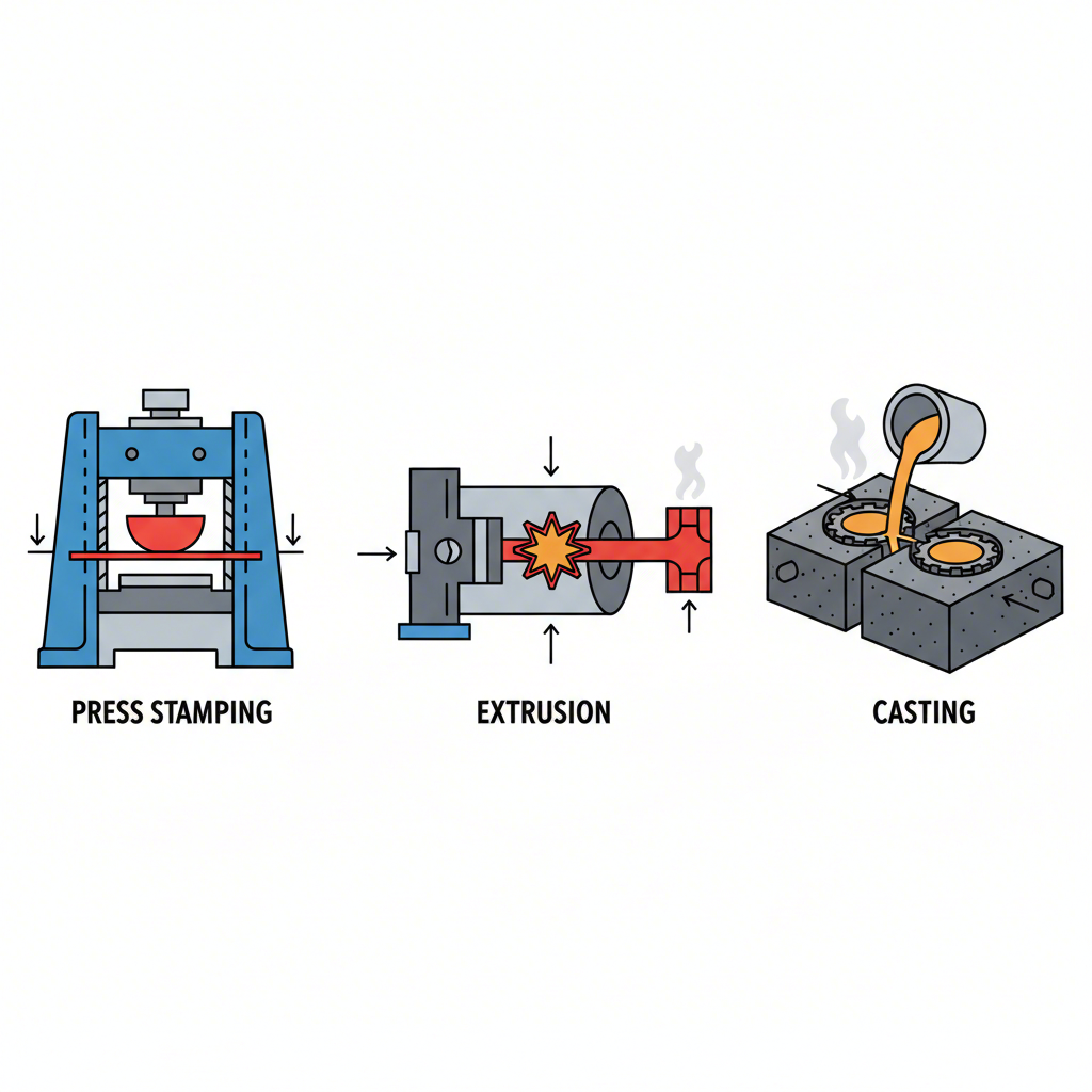 diagram comparing stamping extrusion and die casting manufacturing processes