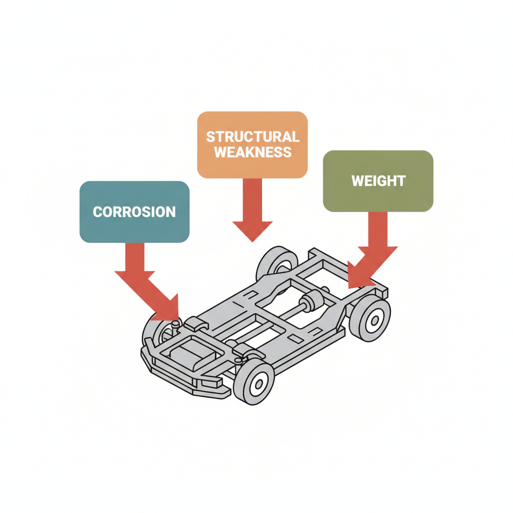 diagram showing the core disadvantages of stamped steel in automotive suspension