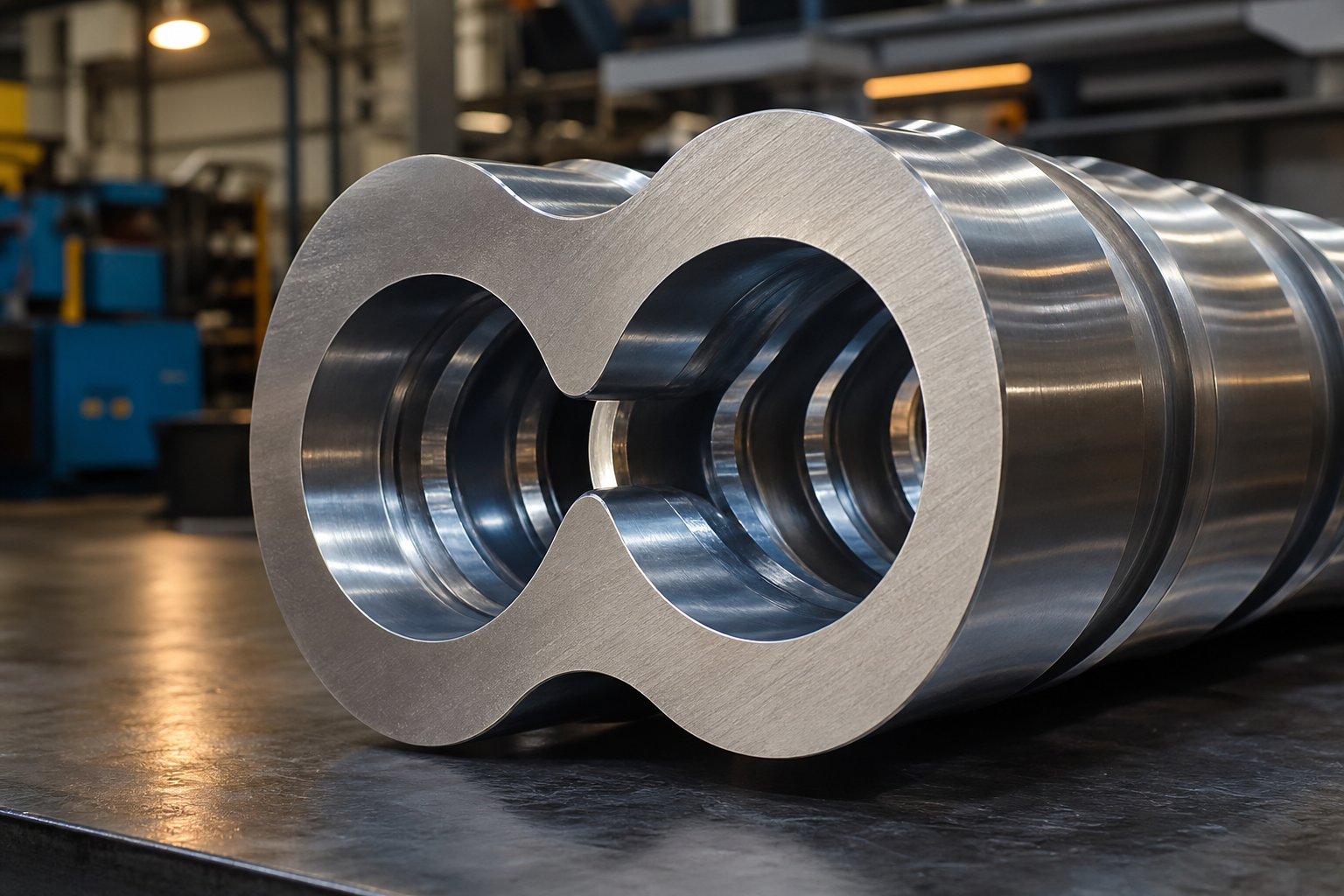 cross section of a twin screw barrel showing the precision machined figure eight bore geometry