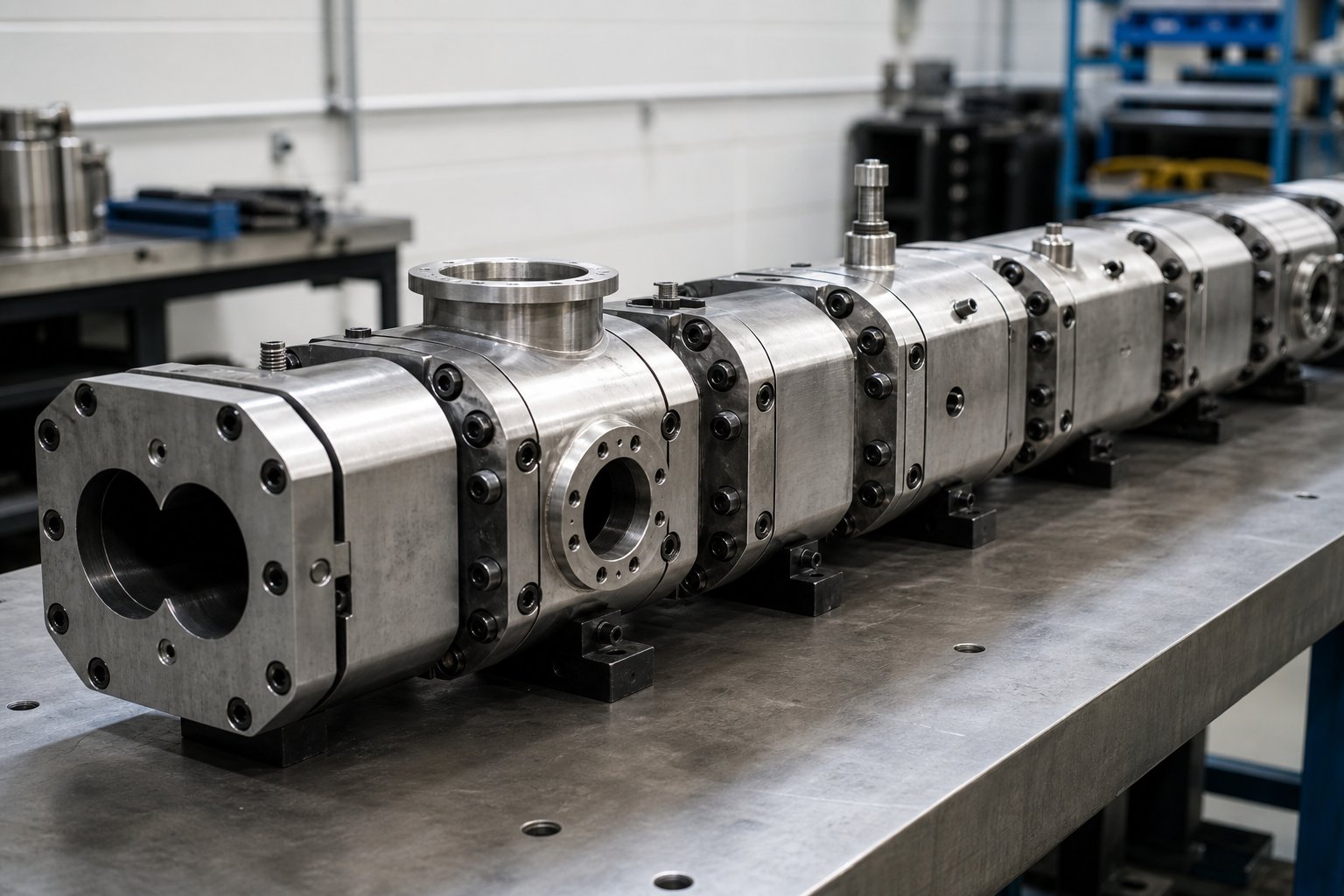 modular twin screw barrel segments with feed vent and side stuffer port configurations