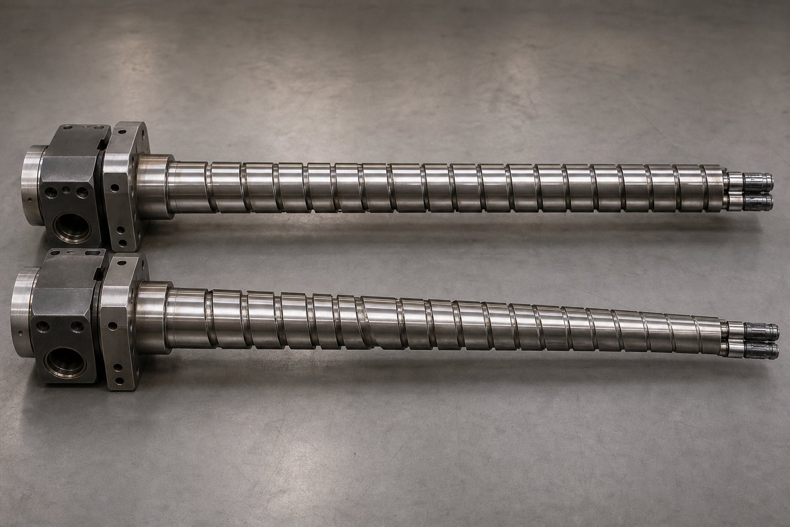parallel and conical twin screw barrel configurations showing constant versus tapered bore geometry
