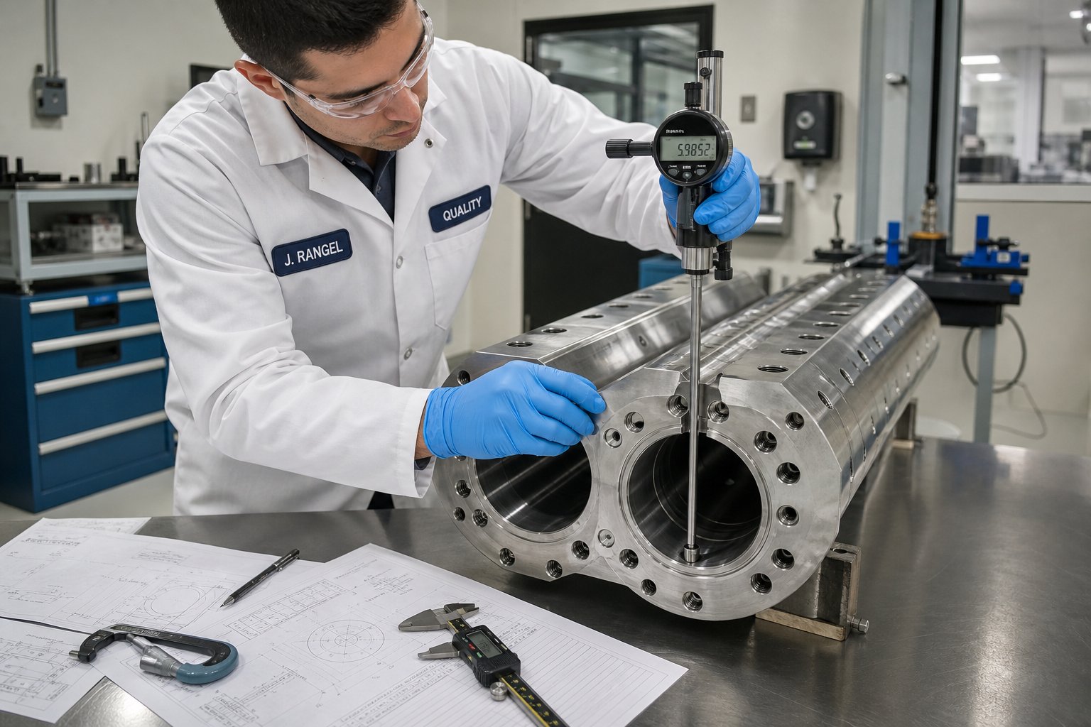 precision bore measurement during twin screw barrel quality inspection before shipment