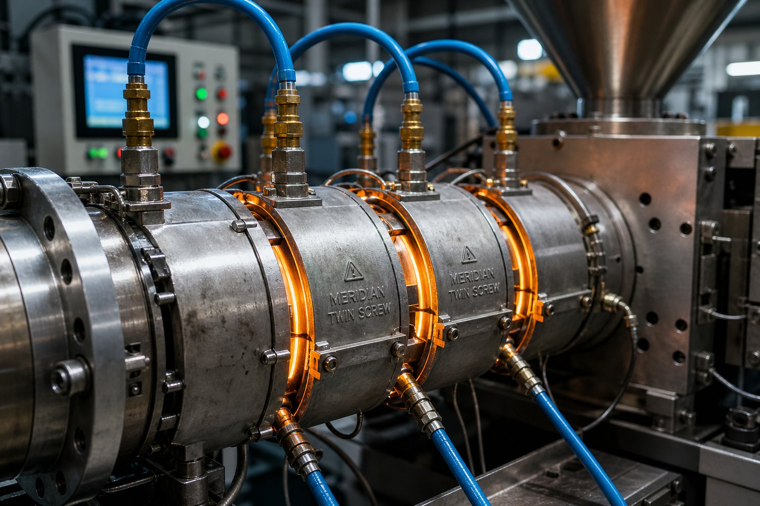 twin screw barrel segment equipped with band heaters and liquid cooling connections for zone temperature control