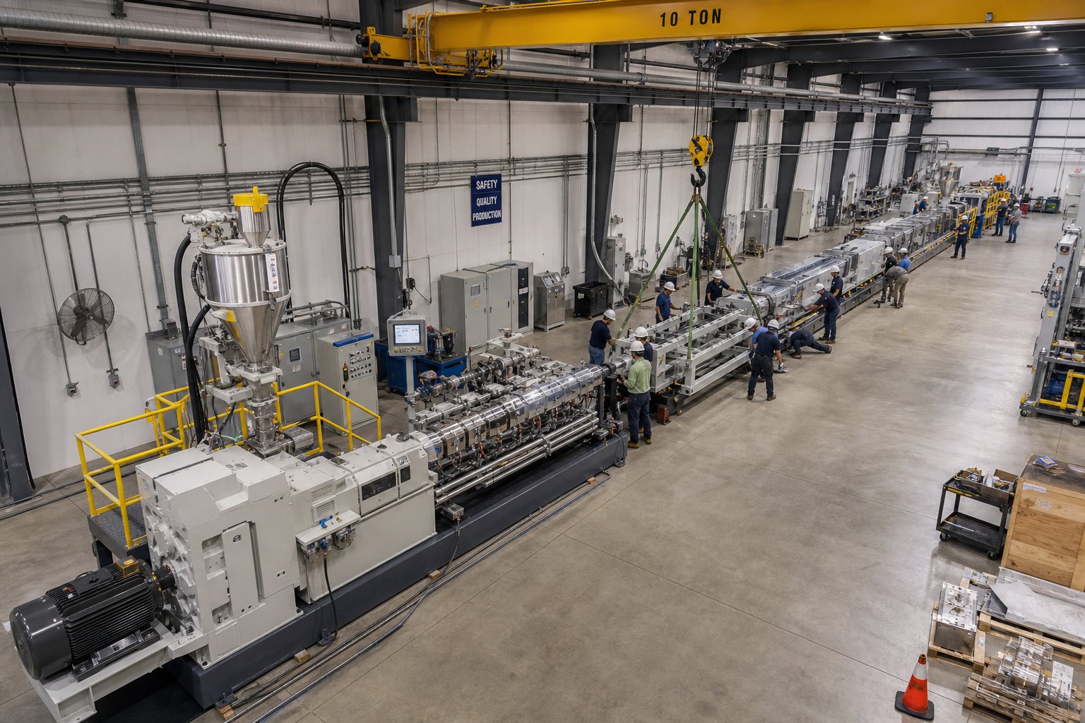 complete used twin screw extrusion line during installation and integration at a production facility