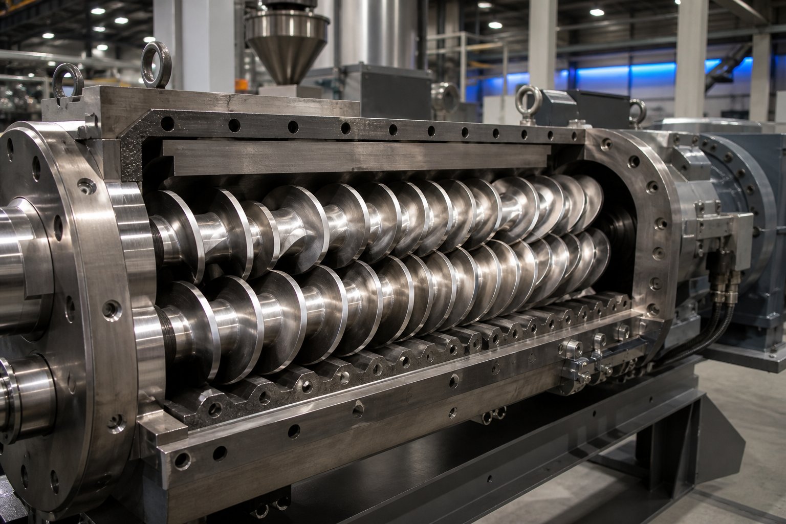 counter rotating twin screw extruder with intermeshing screws visible inside the barrel section