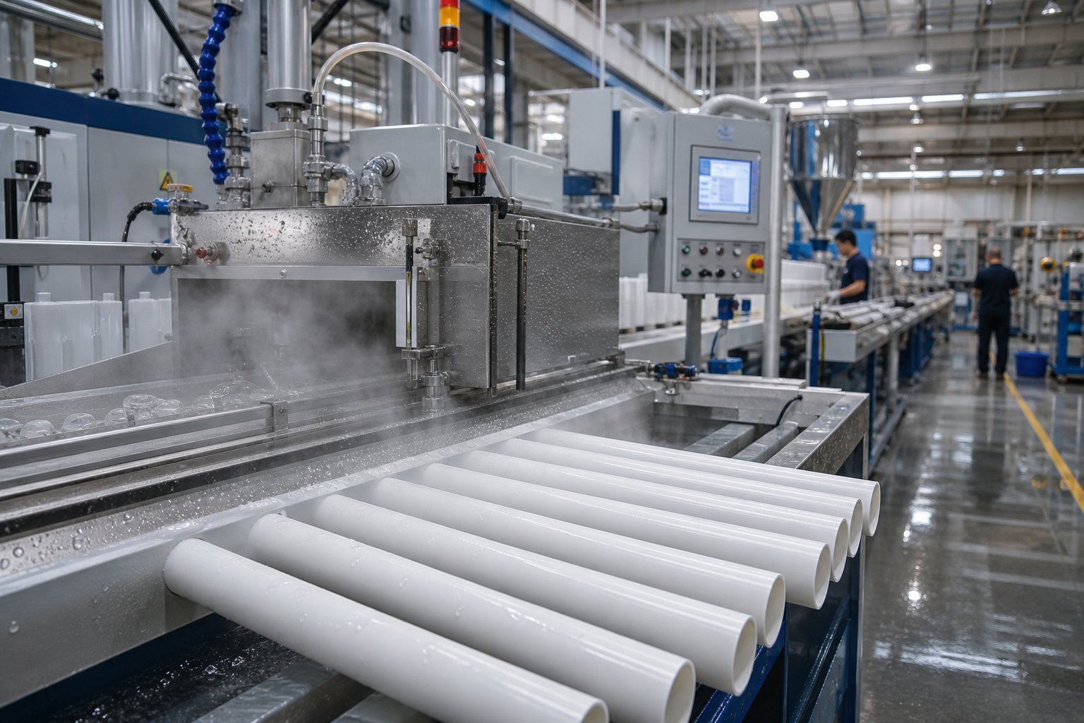 rigid pvc pipe production line powered by a counter rotating twin screw extruder