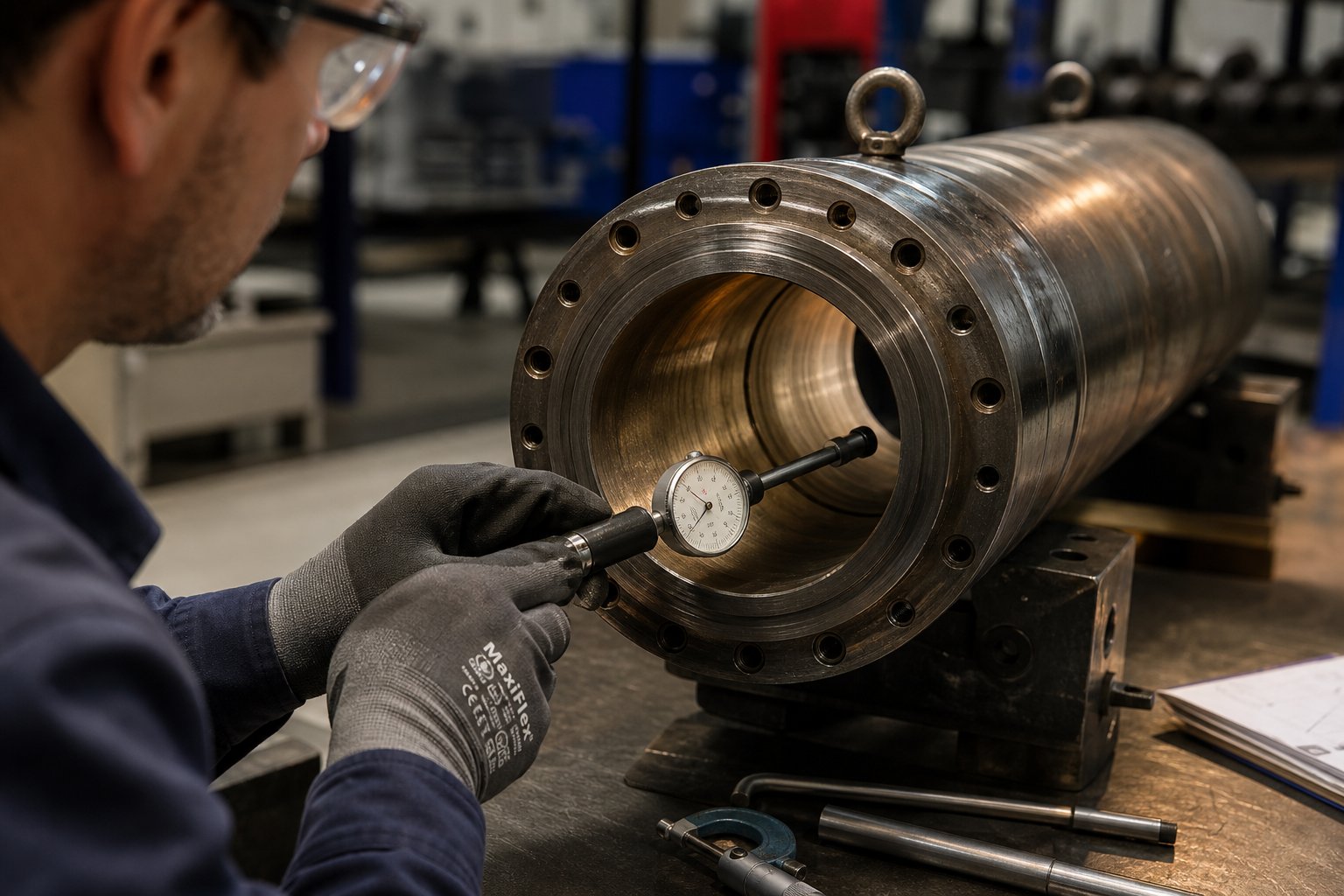 technician measuring barrel bore wear on a used twin screw extruder during pre purchase inspection