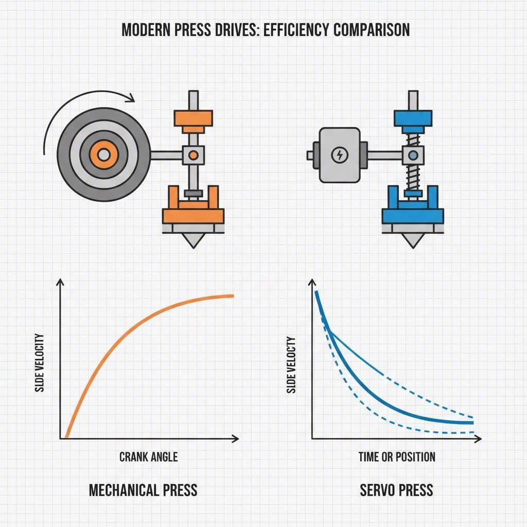 Comparison of mechanical flywheel vs servo drive velocity curves in metal stamping