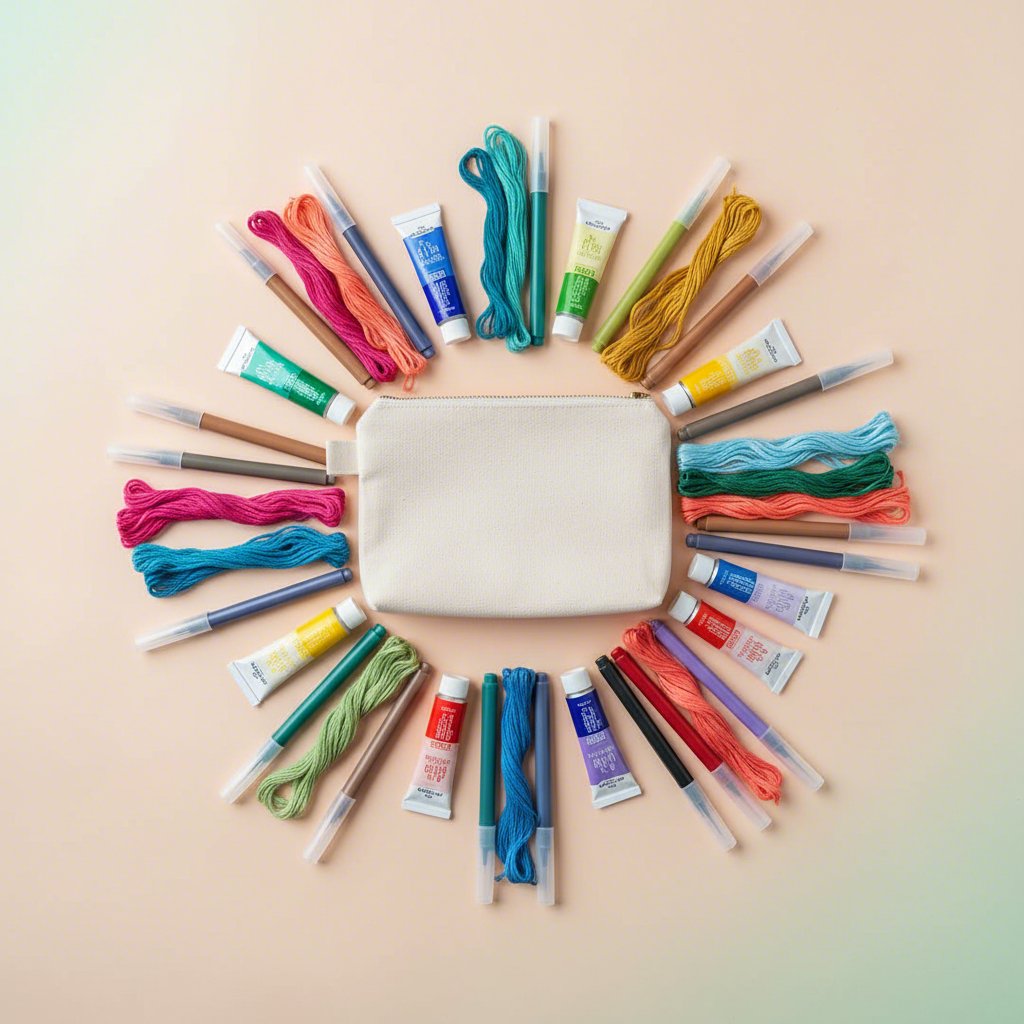 an array of colorful craft supplies ready to decorate a plain pencil pouch