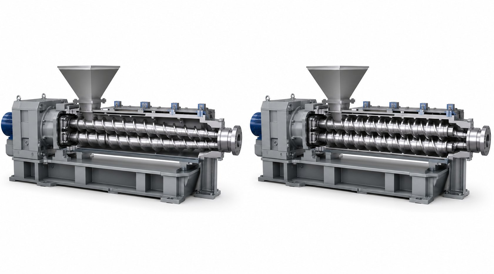 conical vs parallel twin screw configurations showing the tapered and constant diameter screw geometries used in pipe extrusion