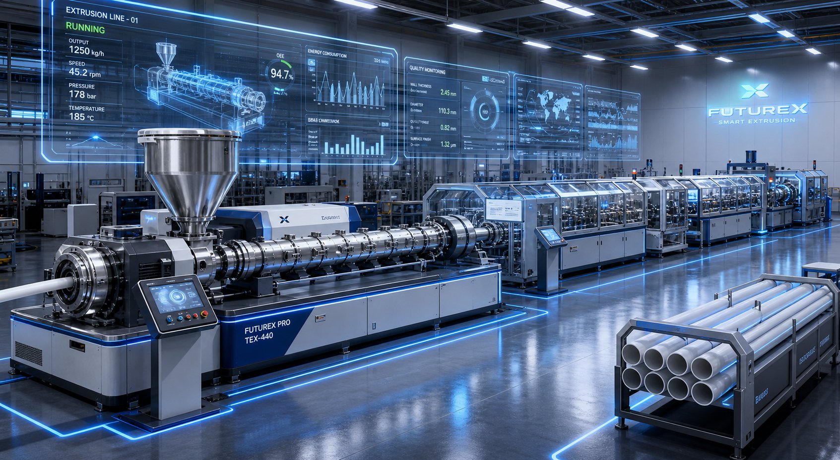 next generation twin screw pipe extrusion line featuring smart monitoring and energy efficient drive systems