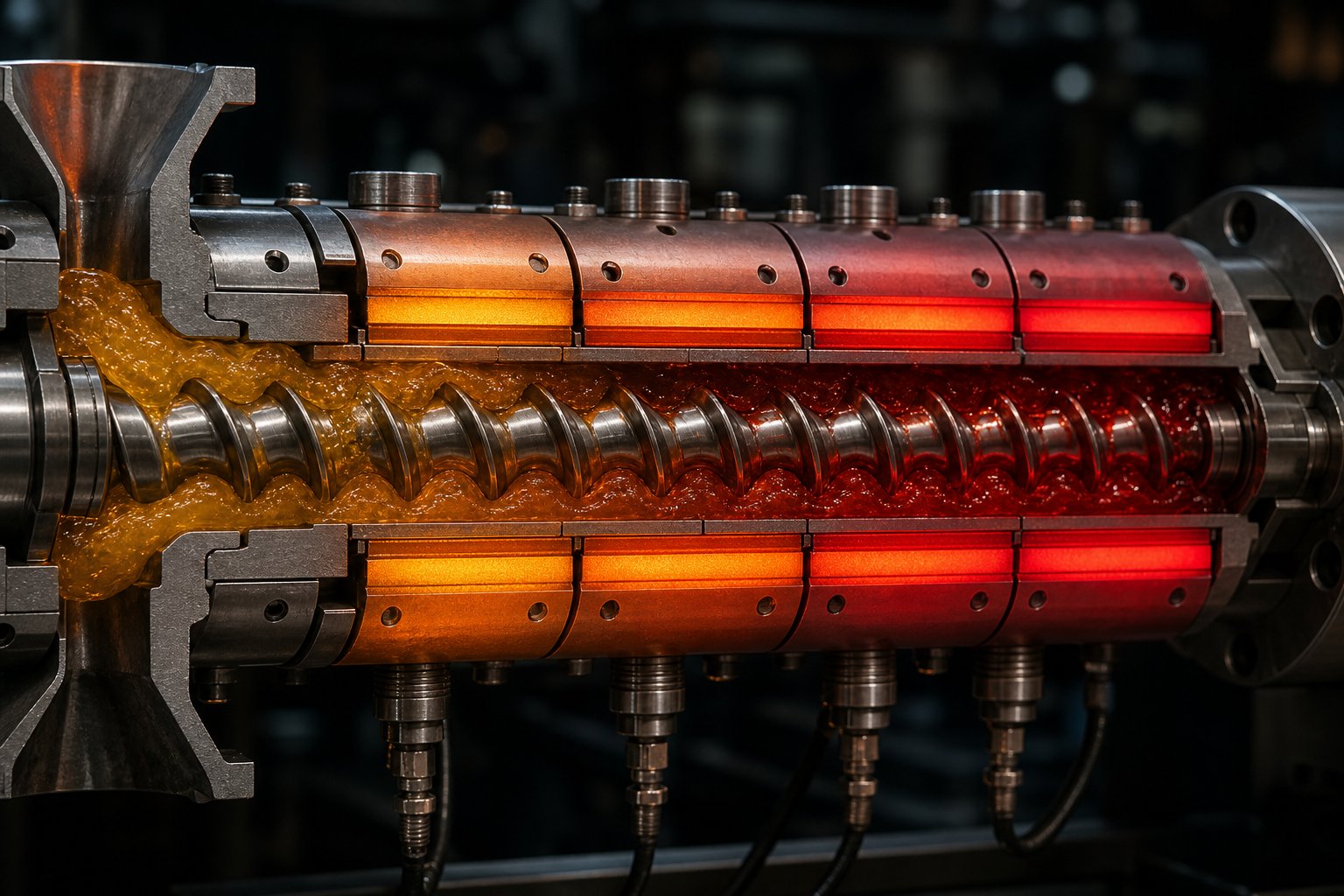 temperature controlled barrel zones on a twin screw extruder regulating melt quality during pvc pipe production