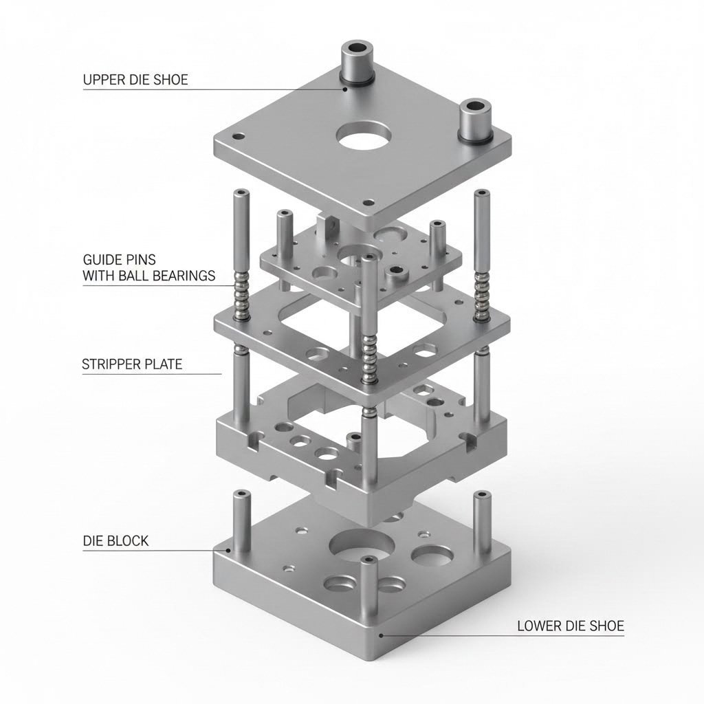 die set components including shoes guide pins punch plate and stripper assembly