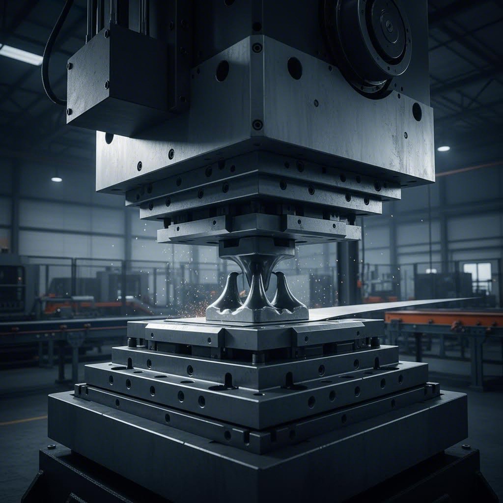 industrial metal die press forming precision components in a modern manufacturing facility