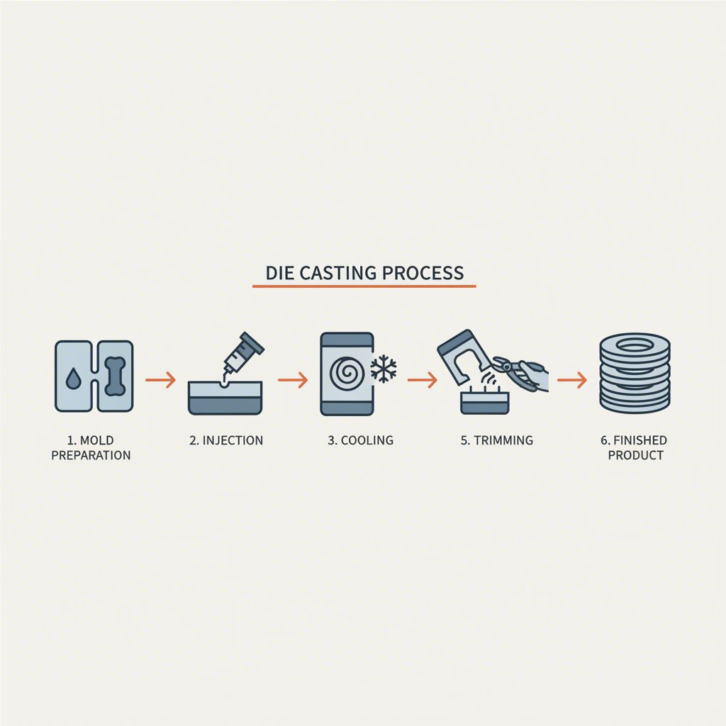 diagram showing the sequential steps of the manufacturing die casting process