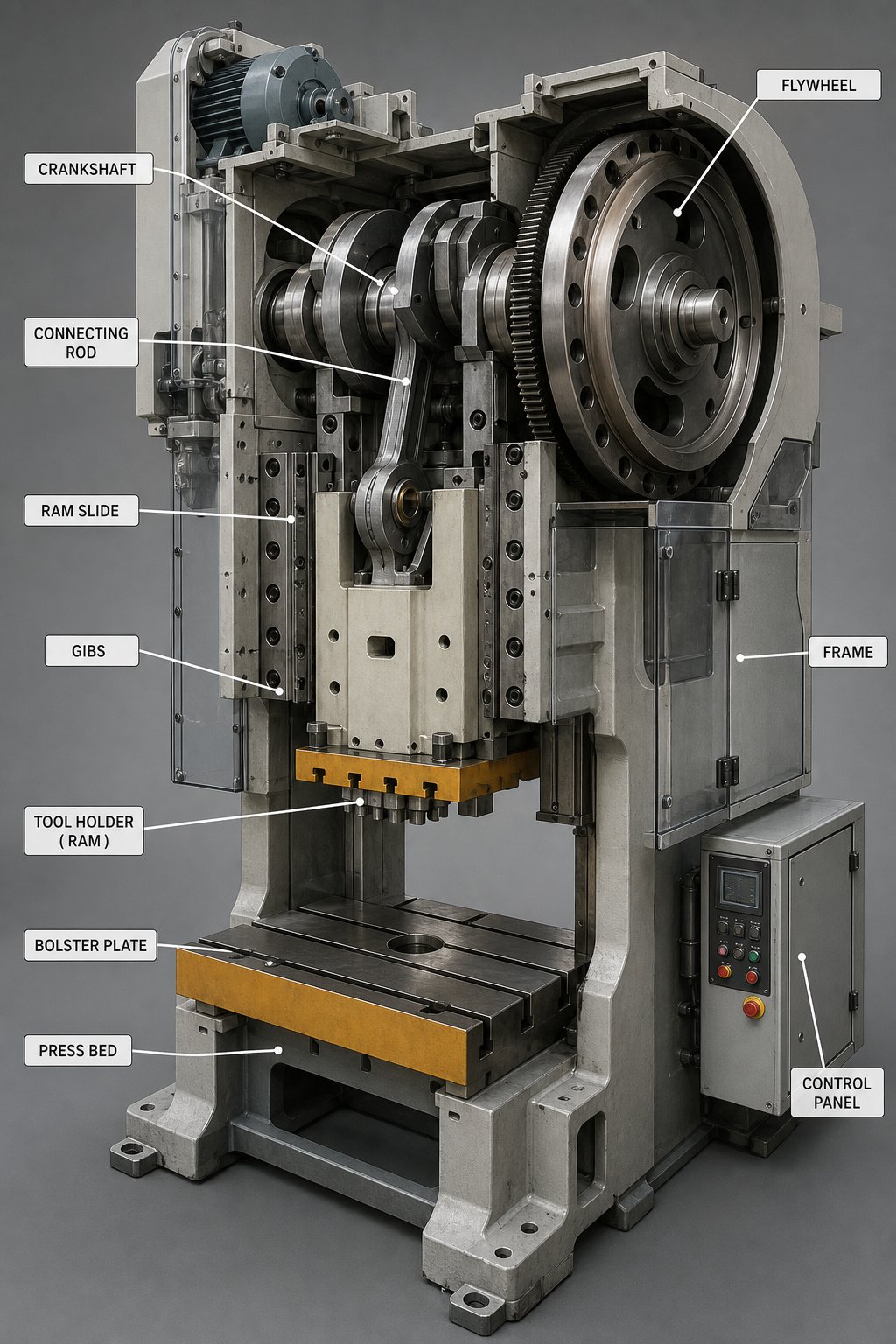 info-1-1 cutaway view revealing the press frame drive train and die mounting area inside a stamping machine