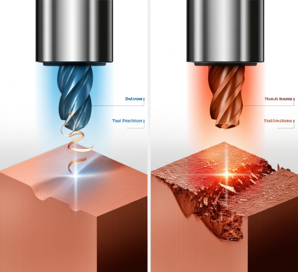 visual comparison of sharp vs dull tooling effects on copper machining