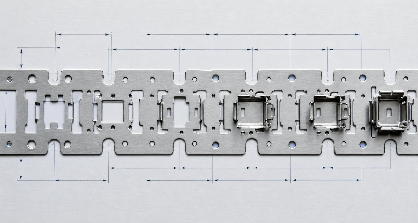 info-1-1 bypass notches in a progressive die carrier strip provide controlled stress relief between forming stations
