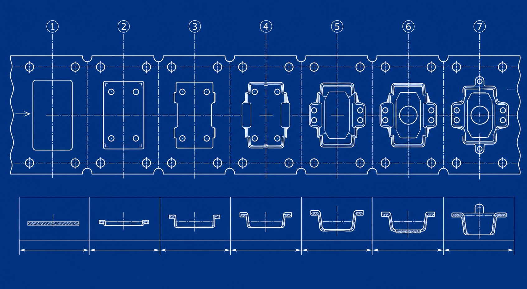 info-1-1 progressive die strip layout integrating bypass notches with pilot holes and forming stations across multiple operations